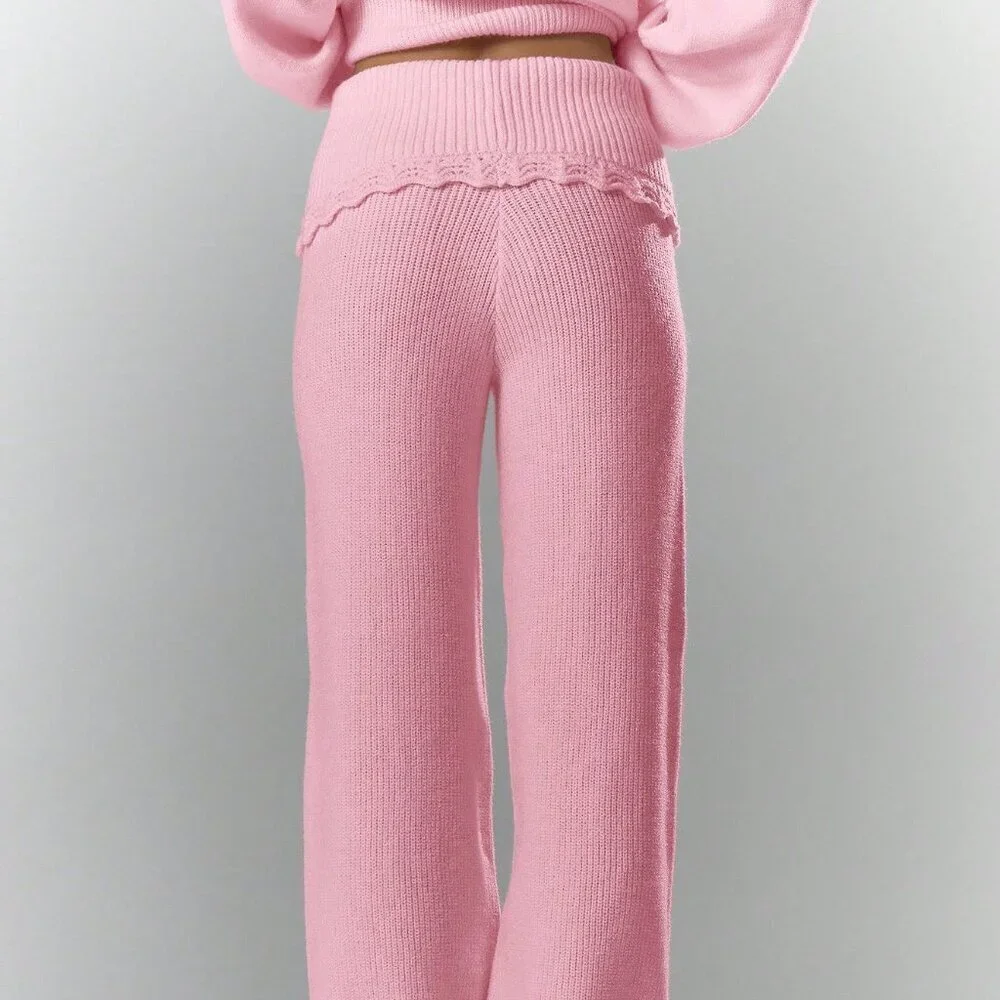 Pink Casual Women's Rib Knit Crochet Foldover Waistband Wide Leg Trousers